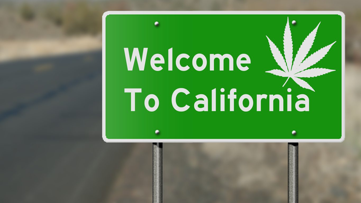 Welcome to California highway sign with marijuana leaf