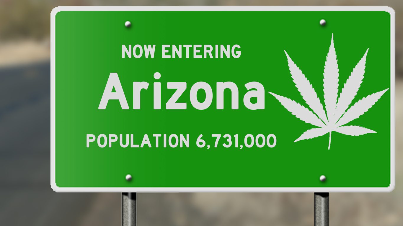 Arizona highway sign with marijuana leaf